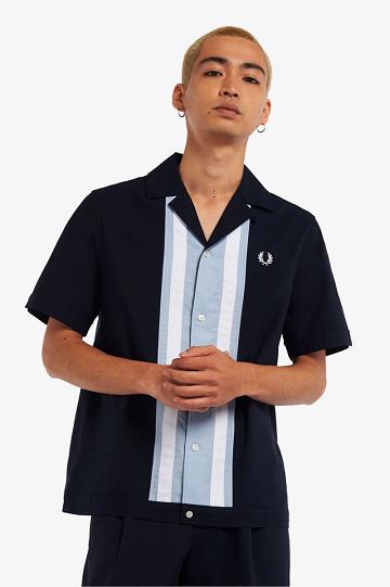 Koszule Fred Perry W Paski Panel Bowling Męskie Granatowe | PL 1540PJJQ